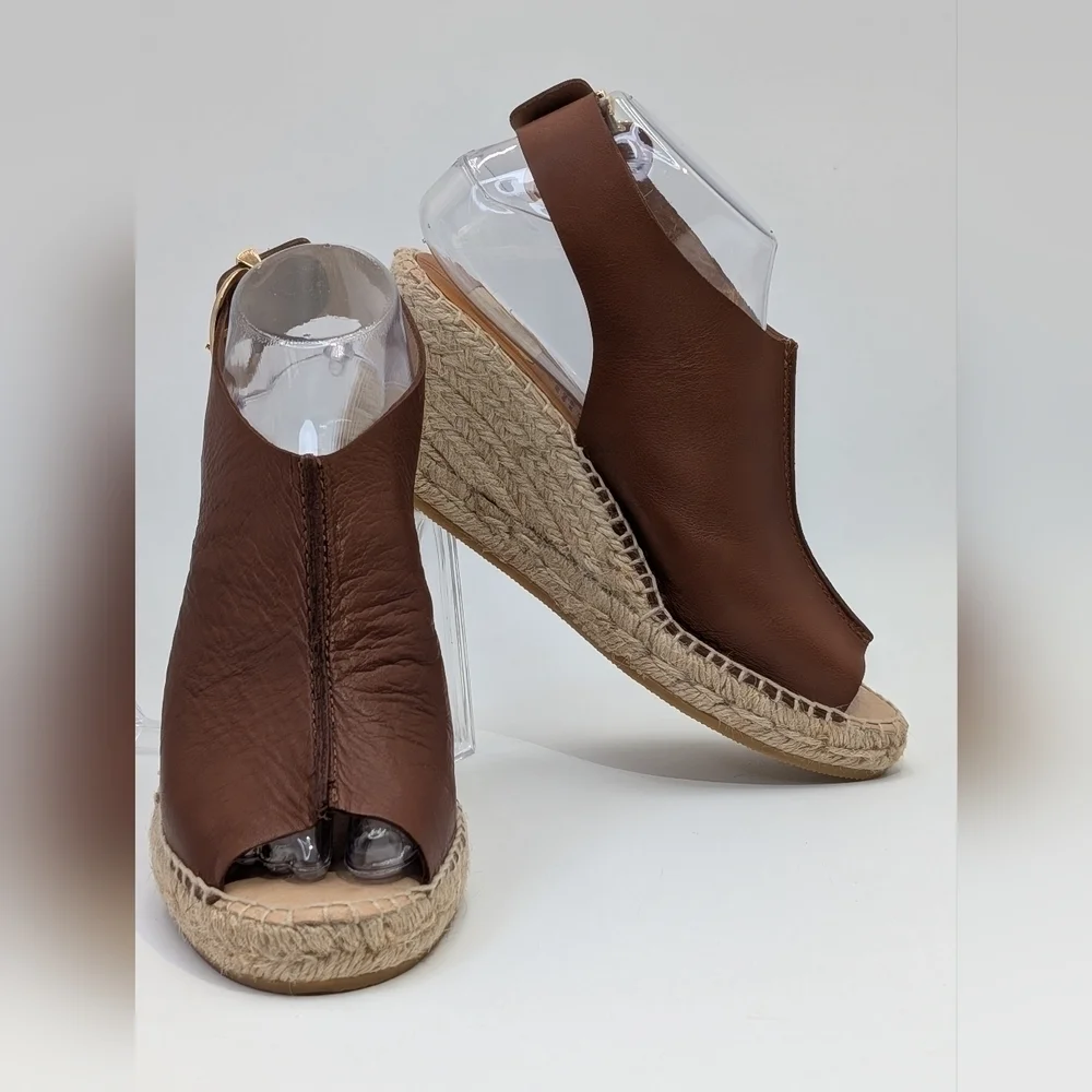 Kanna Peep Toe Spain Slingback Brown Leather Espadrille Wedge Sandals Size‎ 6.5